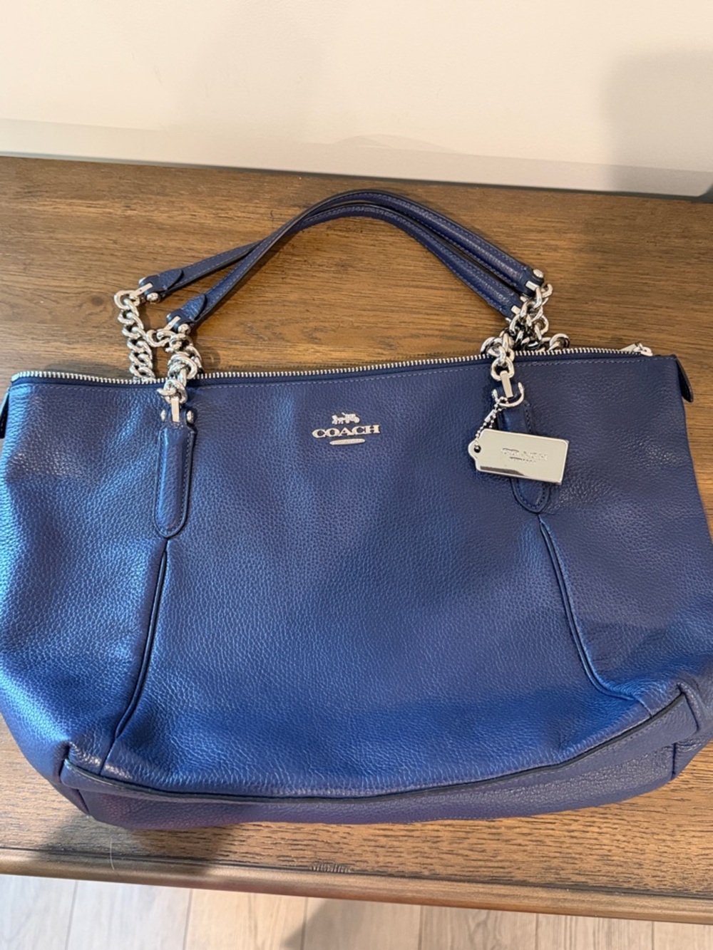 Coach Pebbled Leather Shoulder Bag in Navy Blue with Silver Hardware